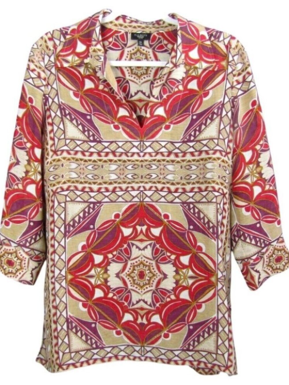 Talbots Silk Linen Tunic Top Red Tan Purple Size 10 Petite 3/4 Sleeve Semi Sheer